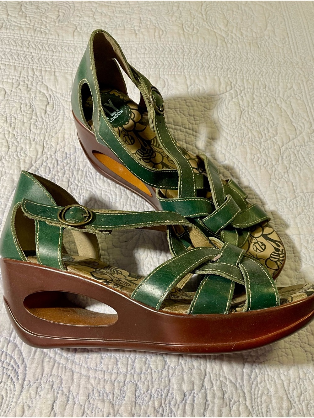 Fly London Green Women’s Leather Wedge Sandals - Strappy Comfort - Picture 2 of 7